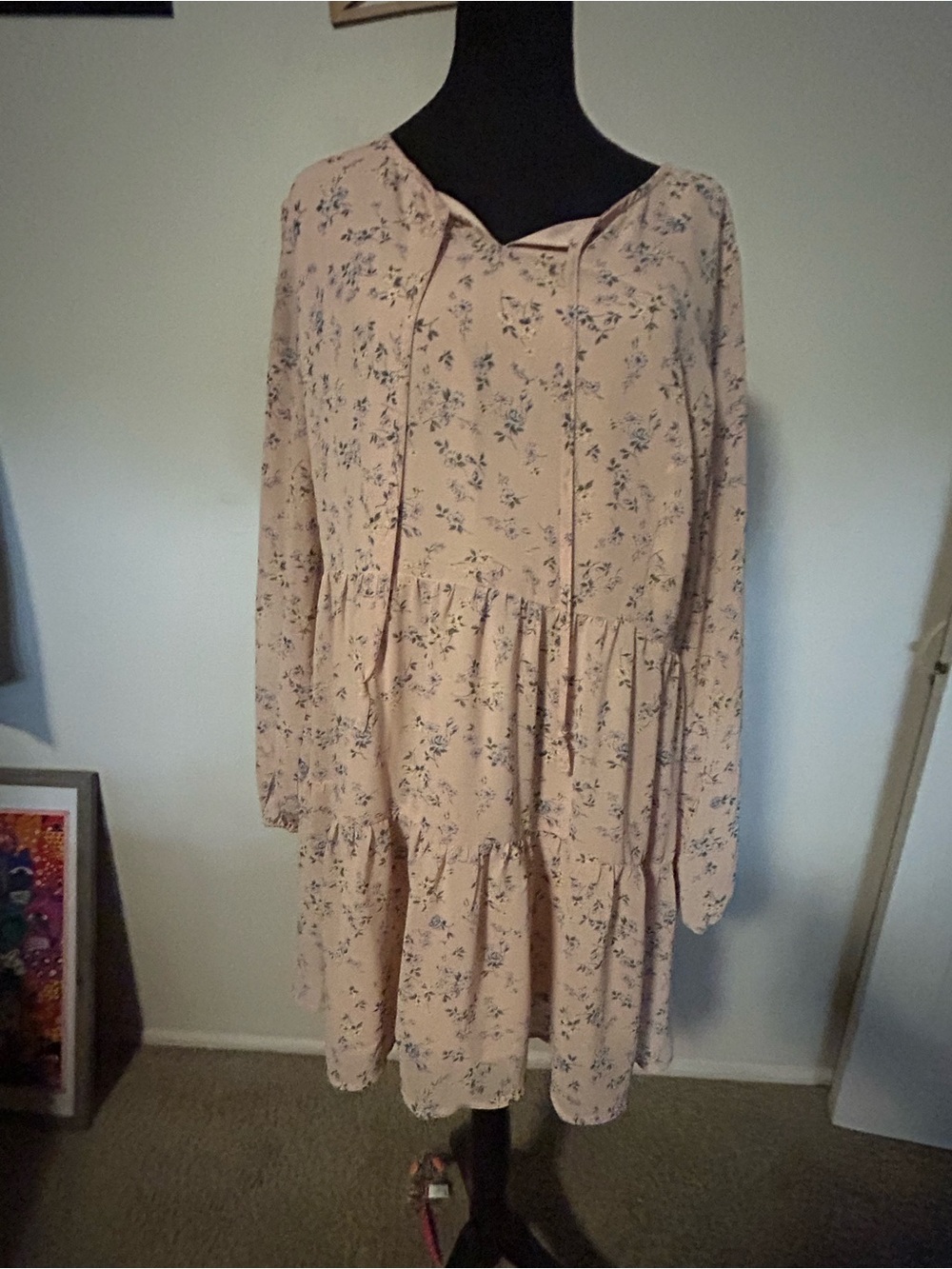 Allegra K Pale Pink Floral Tiered Blouse Dress